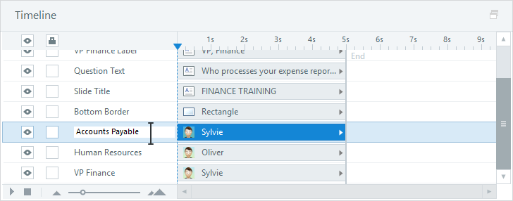 Verwenden Sie das Zeitleistenfenster, um Folienobjekte in Articulate Quizmaker 360 umzubenennen