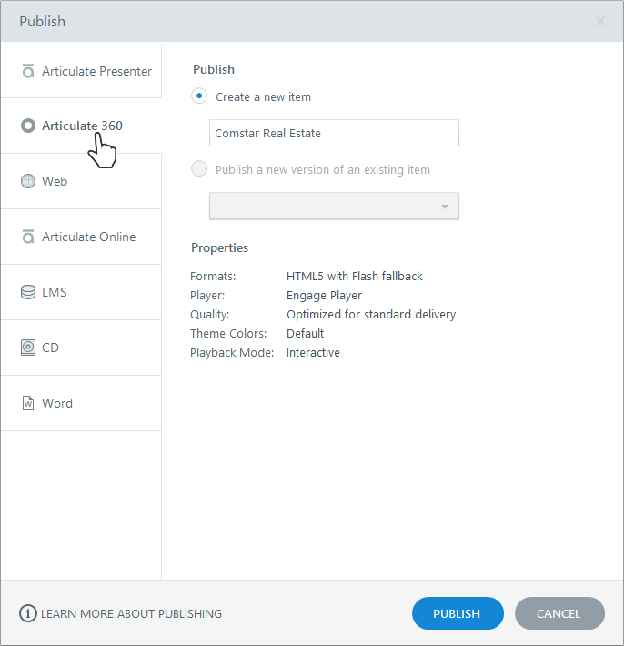 Publish Wizard in Articulate Engage 360