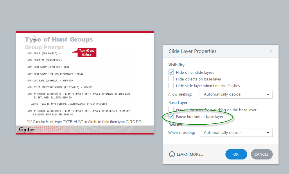 example of pausing base layer timeline