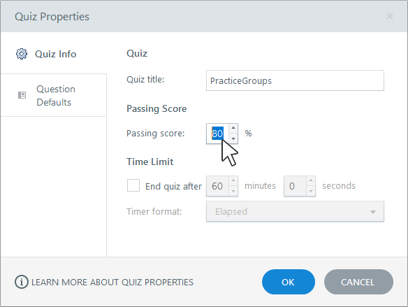 Establecer la puntuación de aprobación en Articulate Quizmaker 360